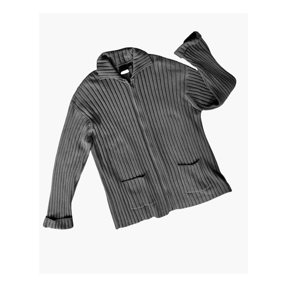 Country Road Sweater Mens Size L Gray Zip Front Cardigan Stretch Ribbed Vintage